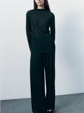 ZARA 2-Piece Set Dark Green Sheer Top Wide Leg Pants L